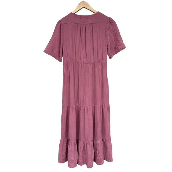 Xirena Dress Gauze Cotton V-Neck Tiered Short Sleeve Pockets Mauve Pink Size S - Picture 2 of 6